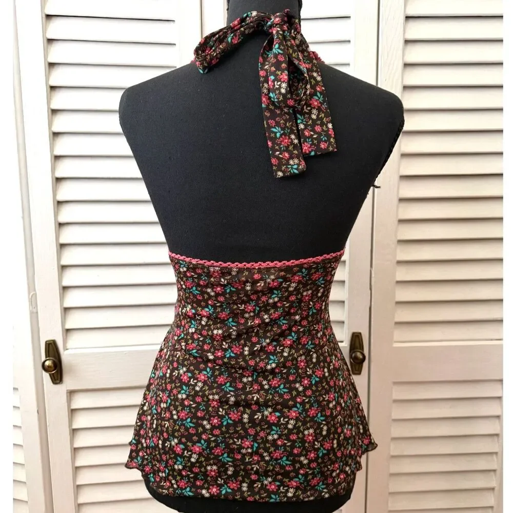 Vintage Y2K Candie's Ditsy Floral Ruched Front Pink Lace Halter Top Size S - Picture 3 of 6